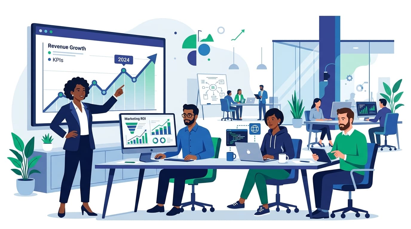 Diverse business persons and tech employees collaborating on revenue growth and marketing ROI